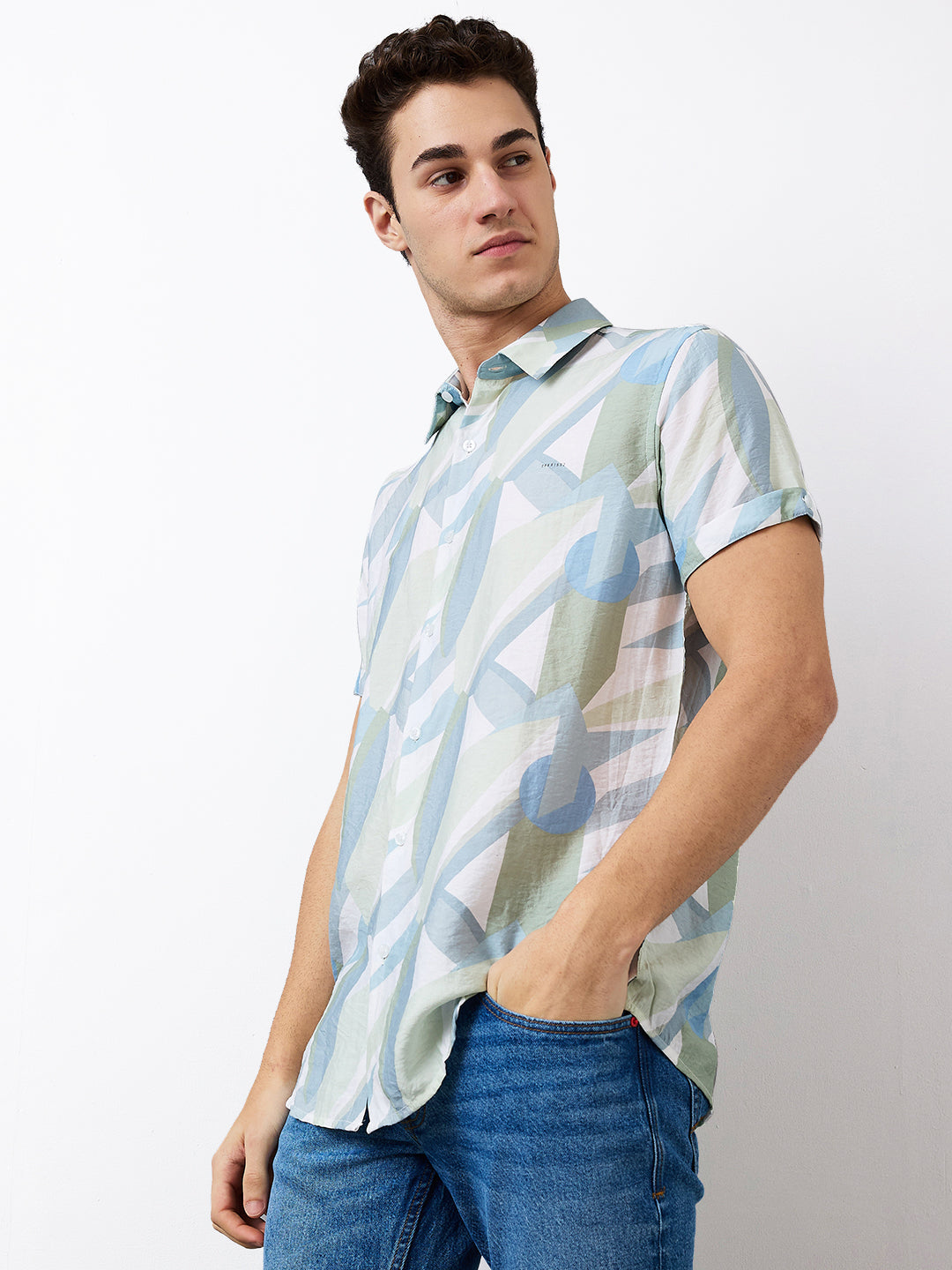 Men Shirt Print Green Slim Fit