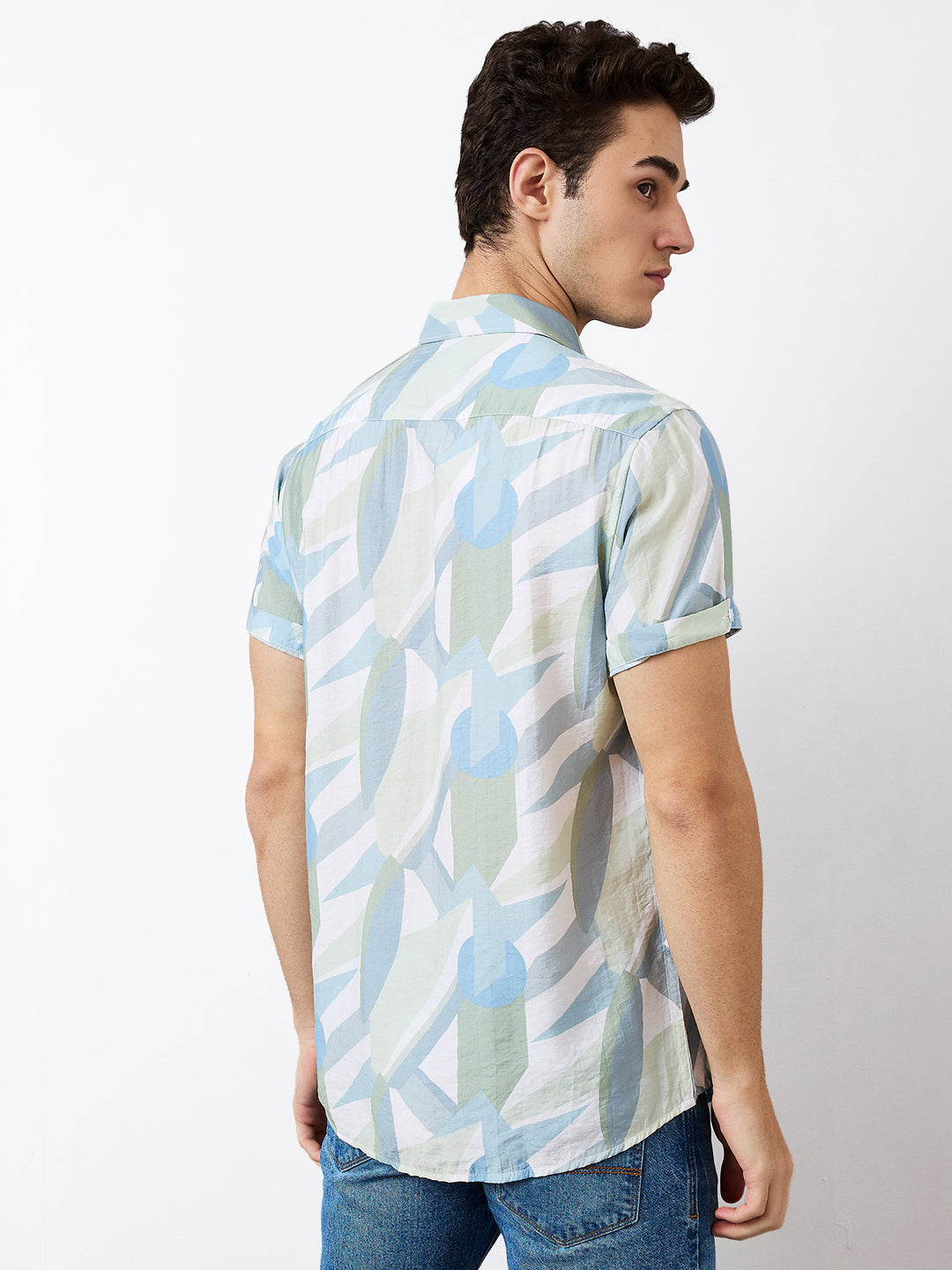 Men Shirt Print Green Slim Fit