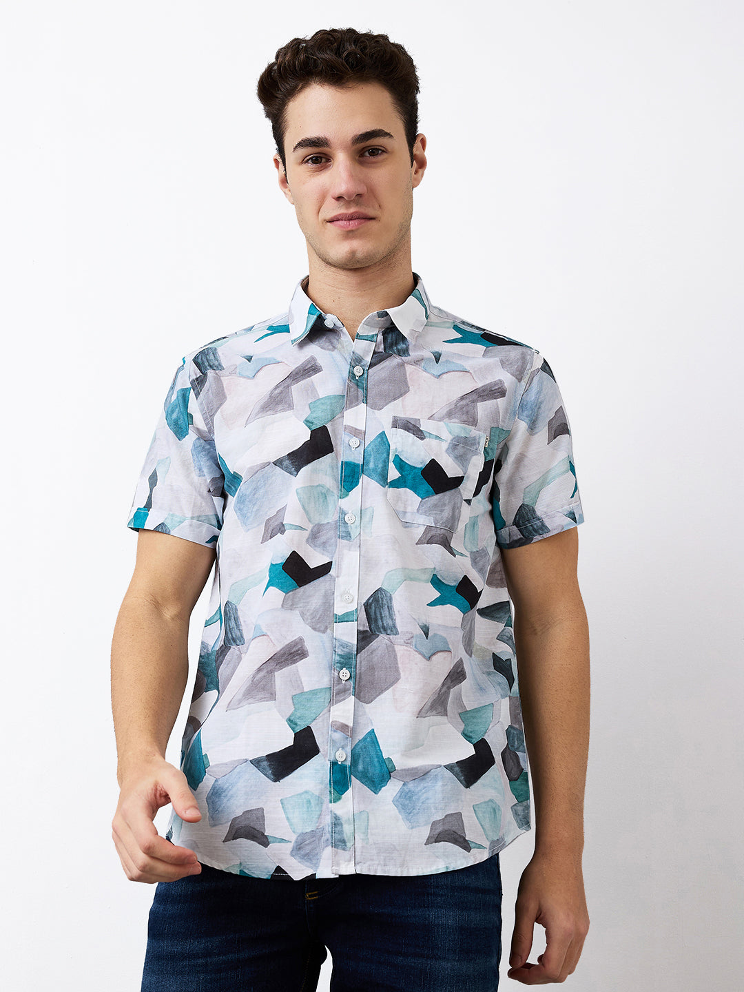 Spykar Blue Slim Fit Printed Half Sleeve Shirt For Men