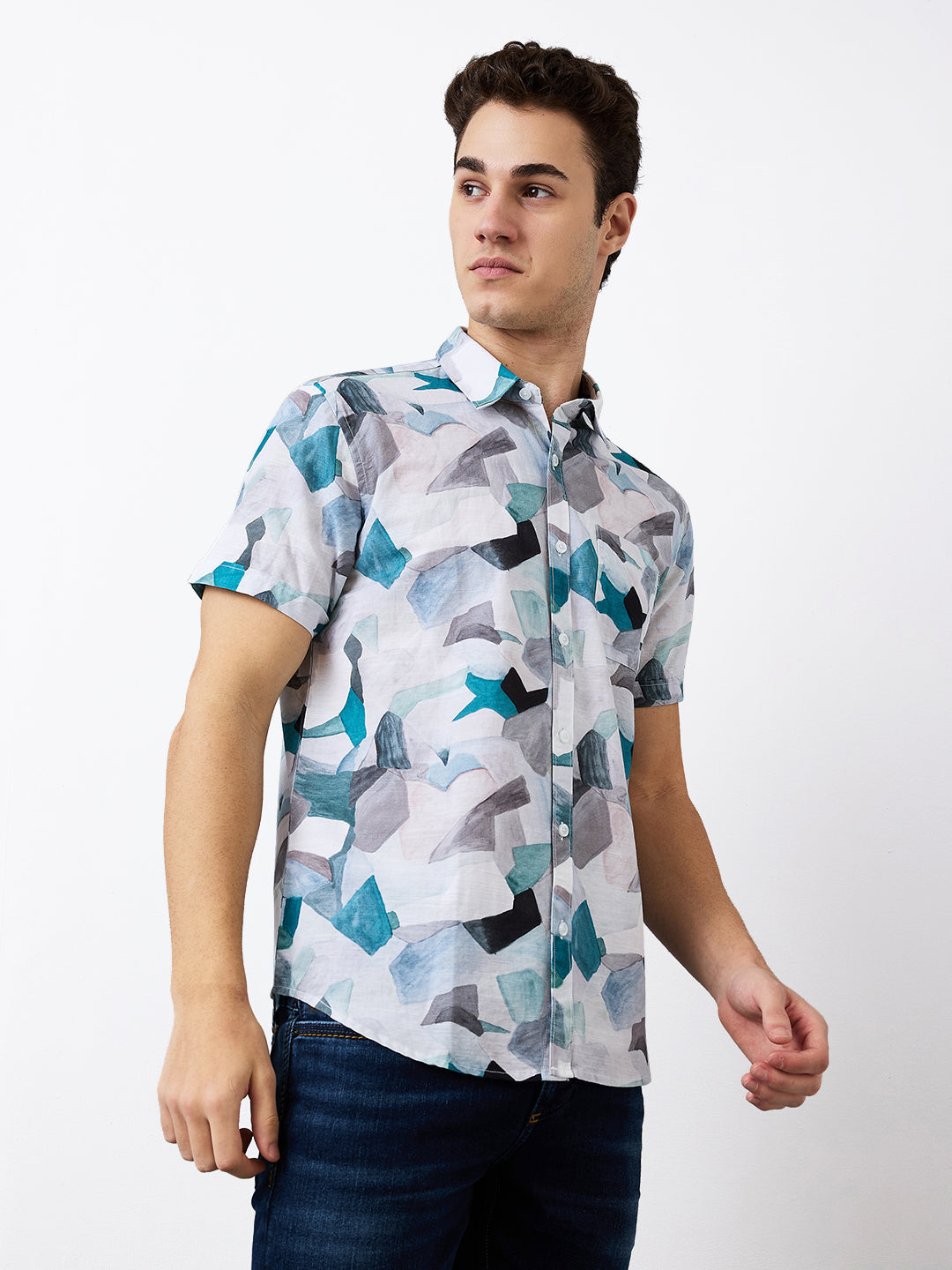 Spykar Blue Slim Fit Printed Half Sleeve Shirt For Men