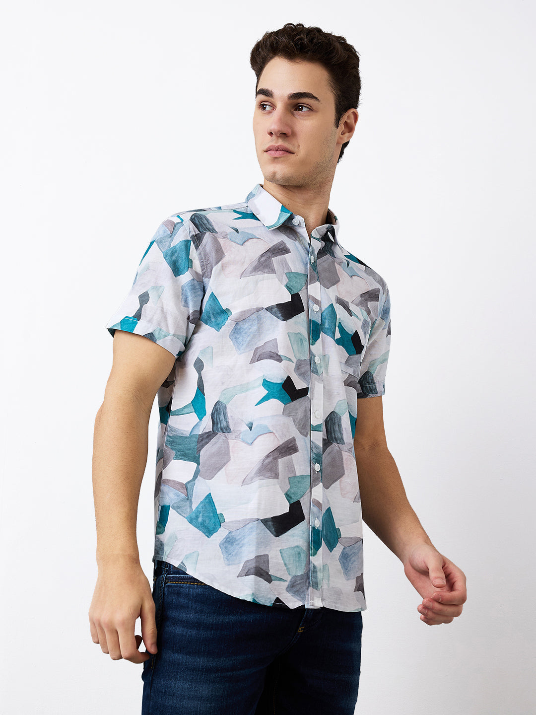 Men Shirt Print Blue Slim Fit