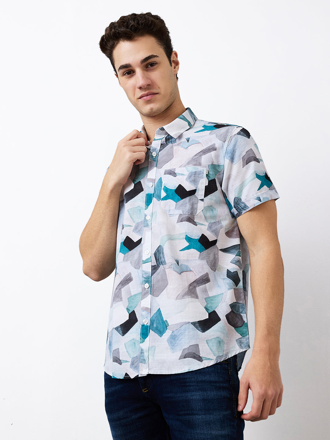 Spykar Blue Slim Fit Printed Half Sleeve Shirt For Men