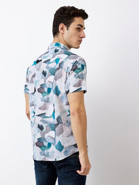 Men Shirt Print Blue Slim Fit