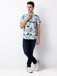 Men Shirt Print Blue Slim Fit