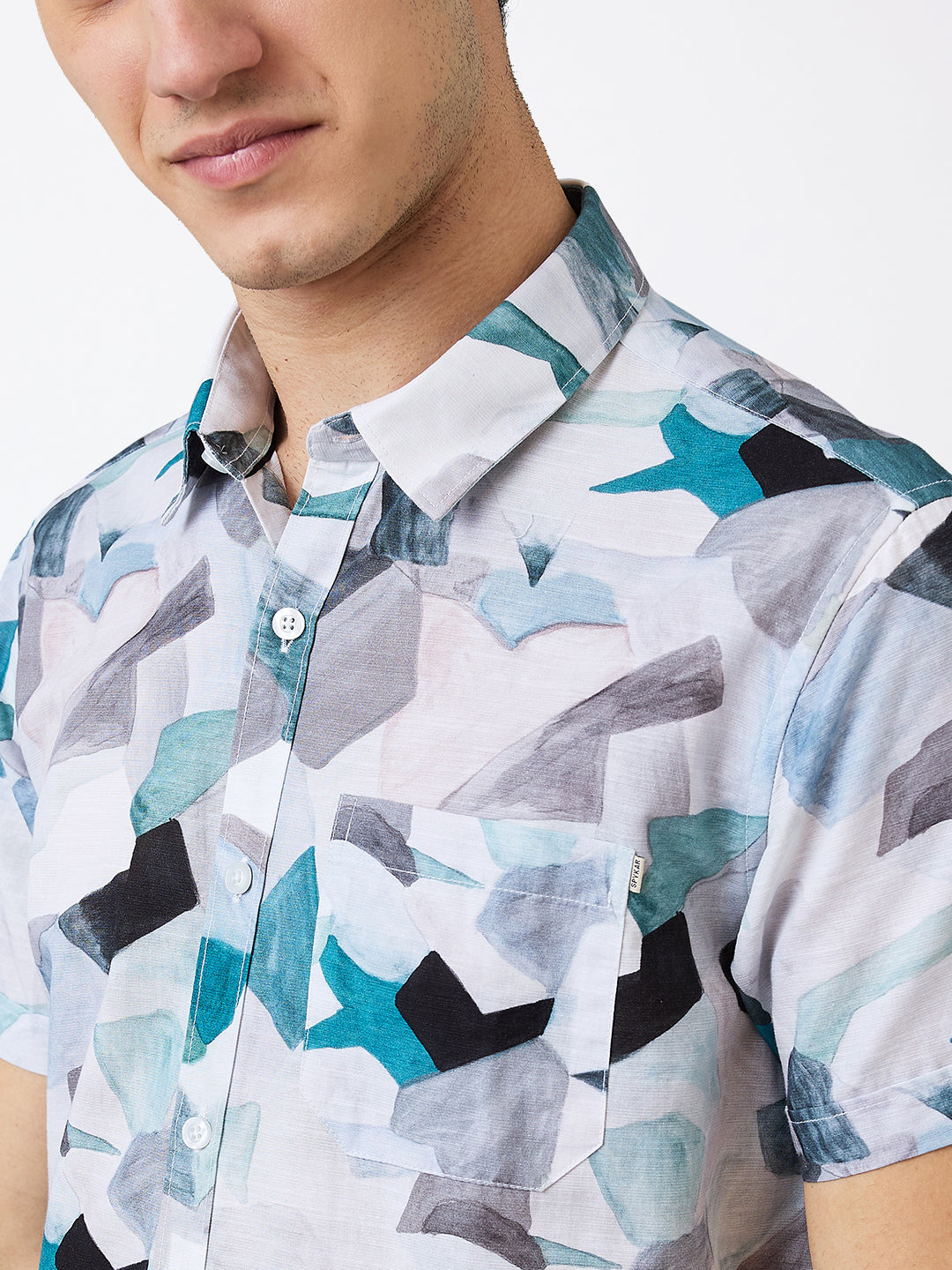 Spykar Blue Slim Fit Printed Half Sleeve Shirt For Men