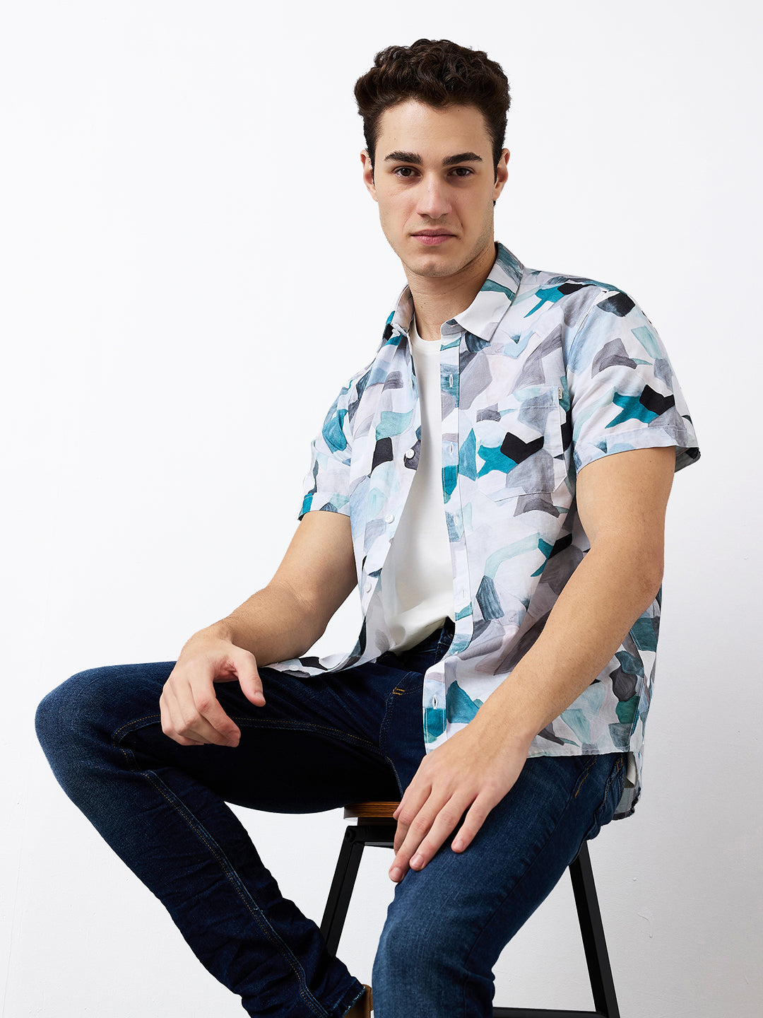 Spykar Blue Slim Fit Printed Half Sleeve Shirt For Men