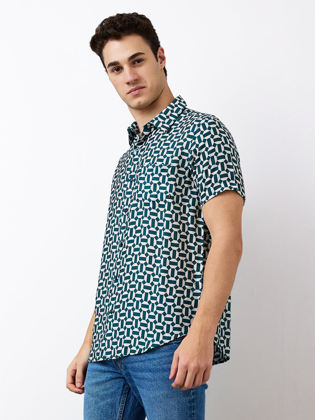 Spykar Green Slim Fit Printed Half Sleeve Shirt For Men