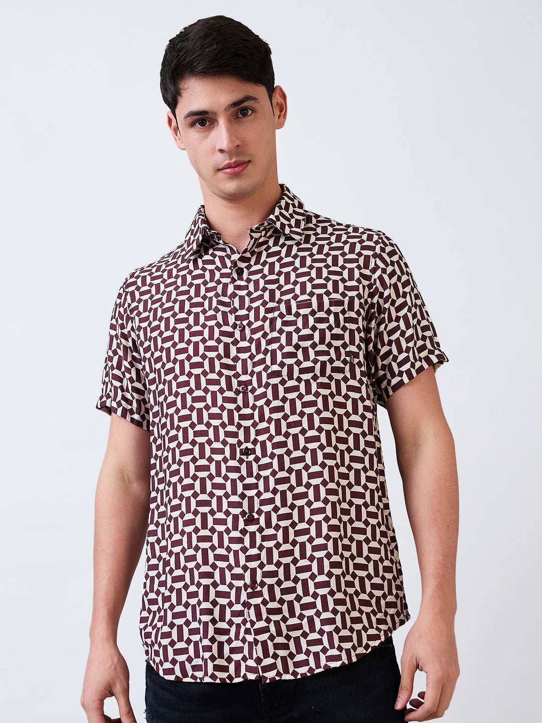 Spykar Red Slim Fit Printed Half Sleeve Shirt For Men