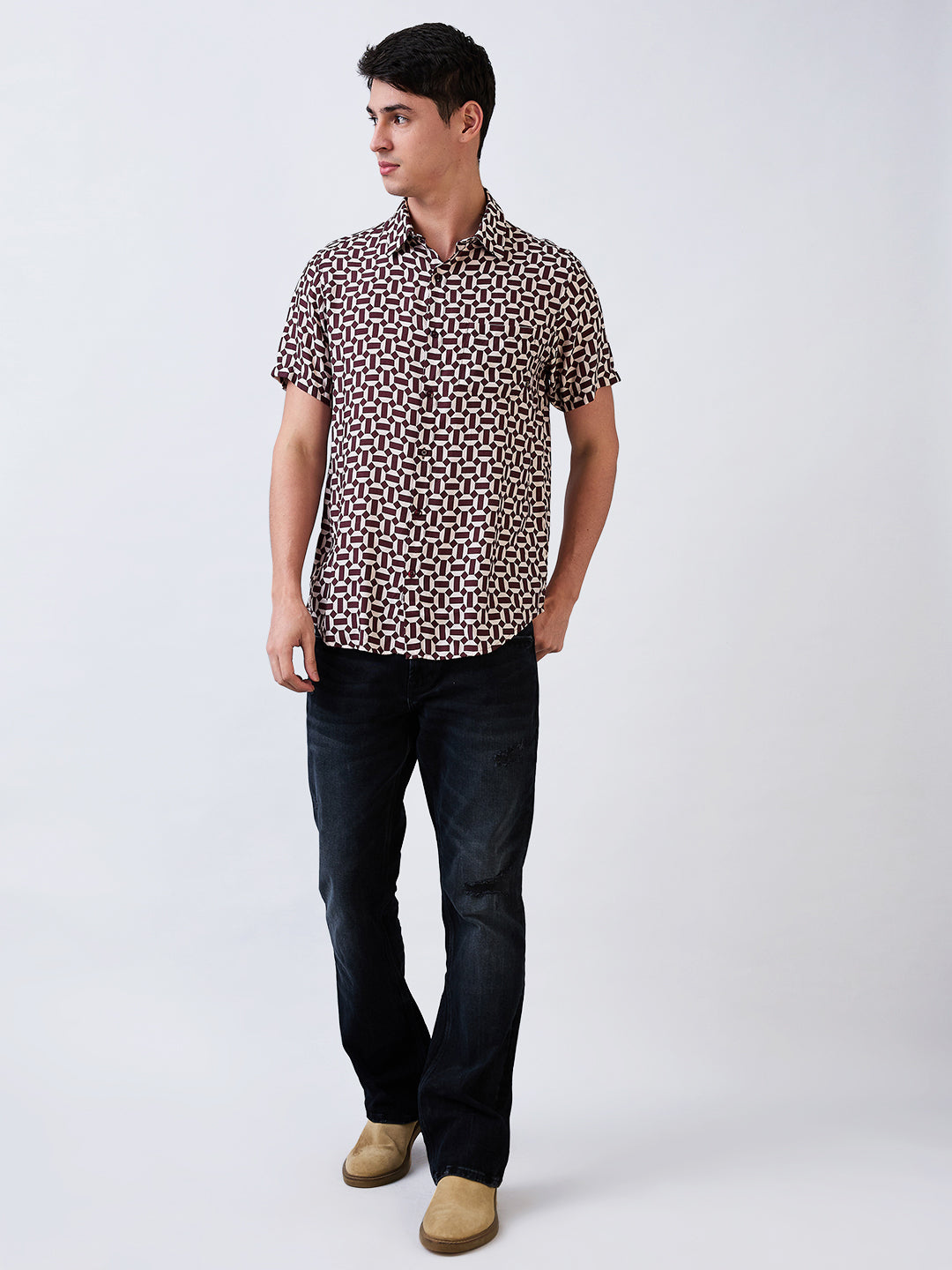 Spykar Red Slim Fit Printed Half Sleeve Shirt For Men