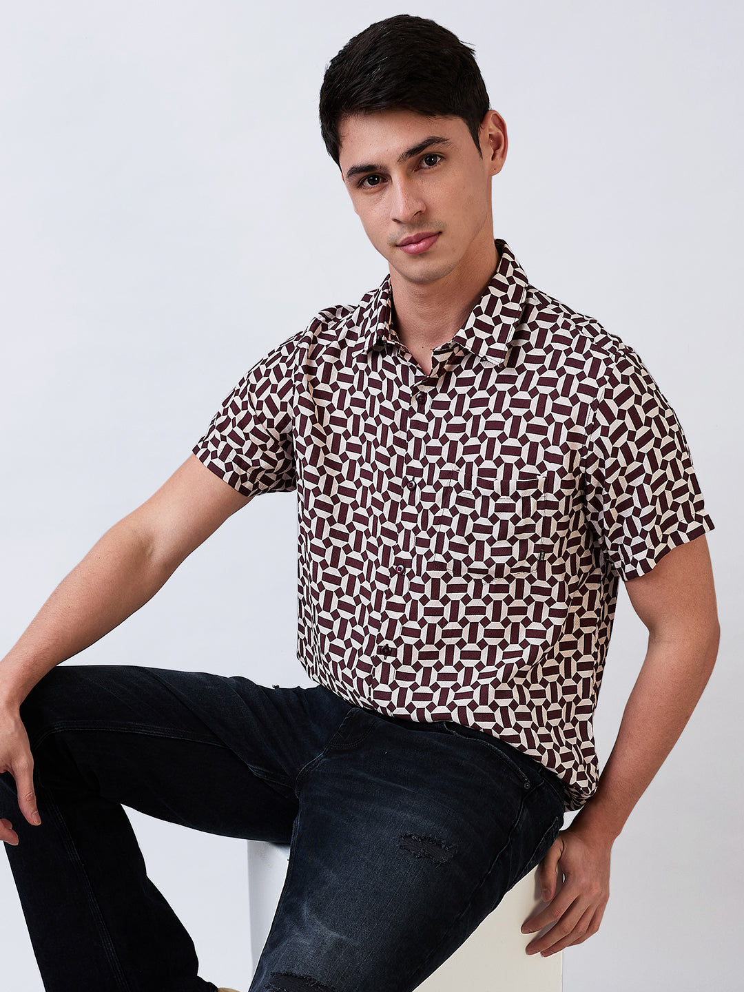 Spykar Red Slim Fit Printed Half Sleeve Shirt For Men