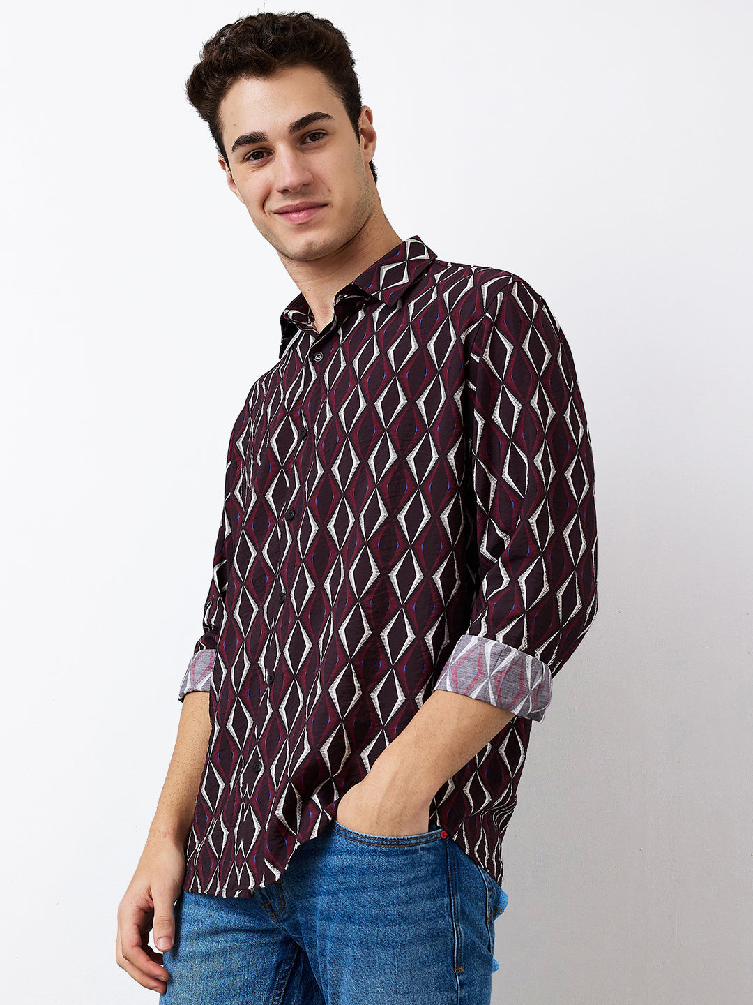 Spykar Red Slim Fit Printed Full Sleeve Shirt For Men