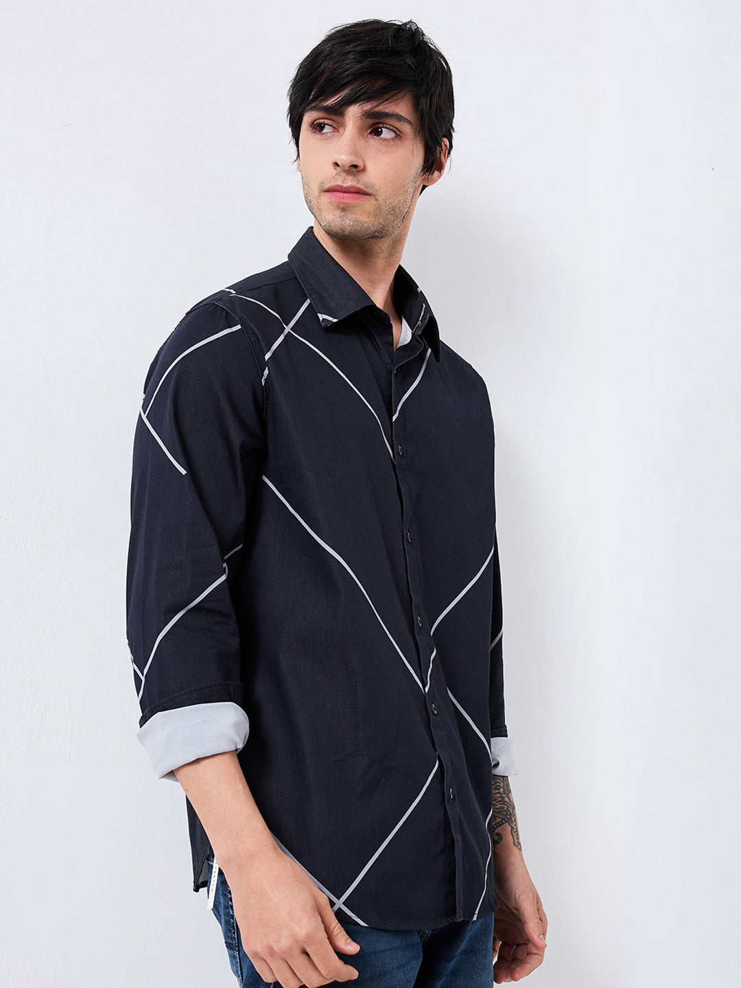 Spykar Black Slim Fit Printed Full Sleeve Shirt For Men