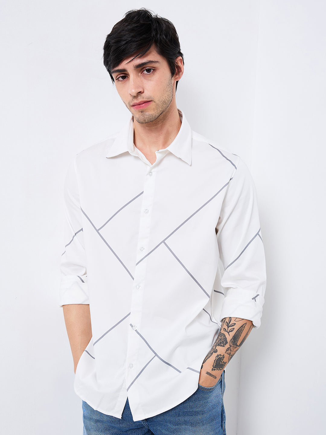 Spykar White Slim Fit Printed Full Sleeve Shirt For Men