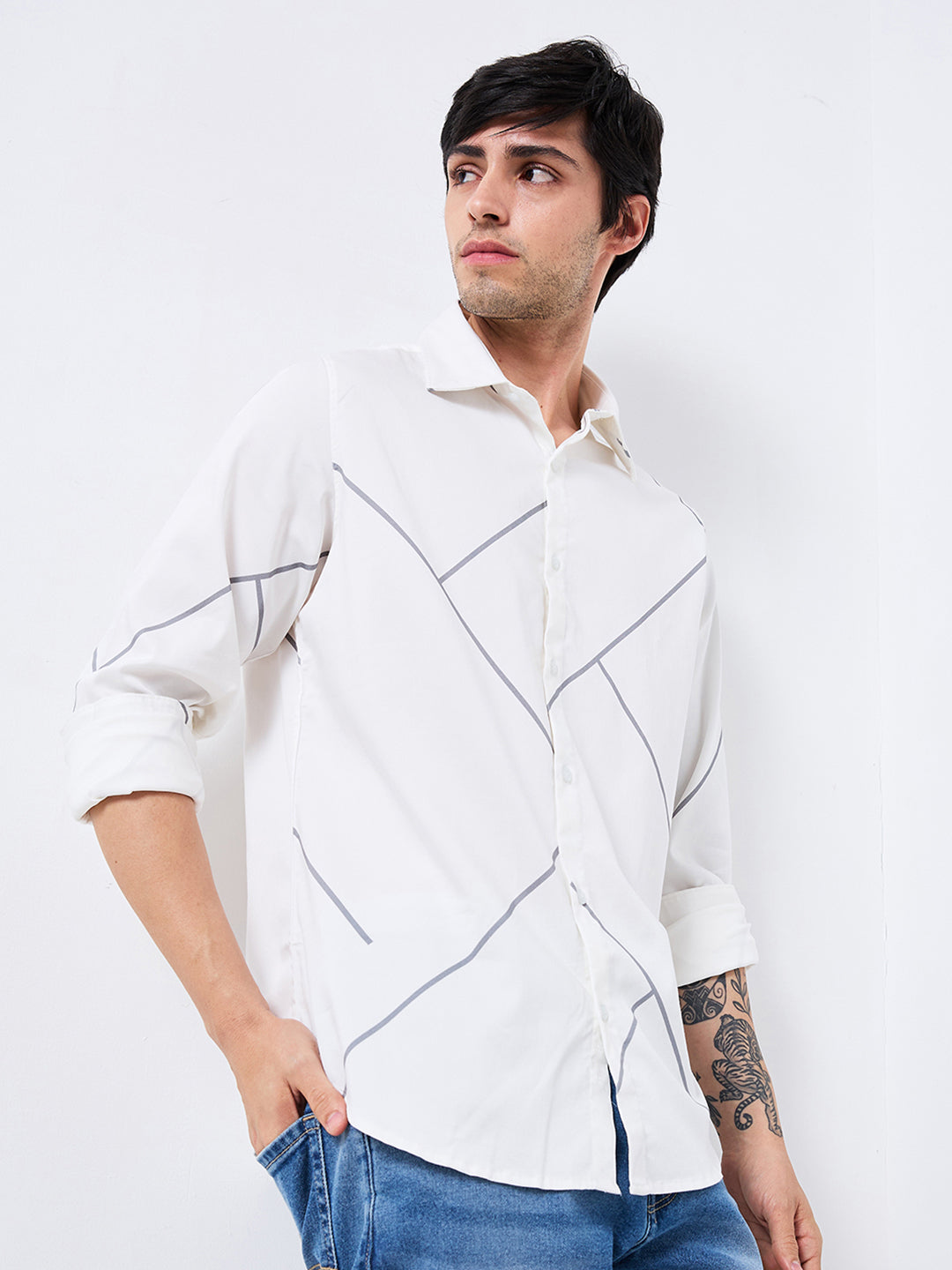 Spykar White Slim Fit Printed Full Sleeve Shirt For Men
