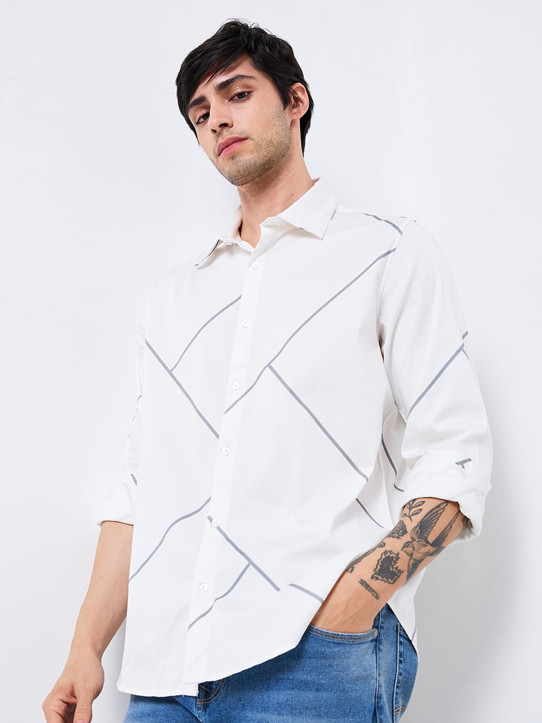 Spykar White Slim Fit Printed Full Sleeve Shirt For Men