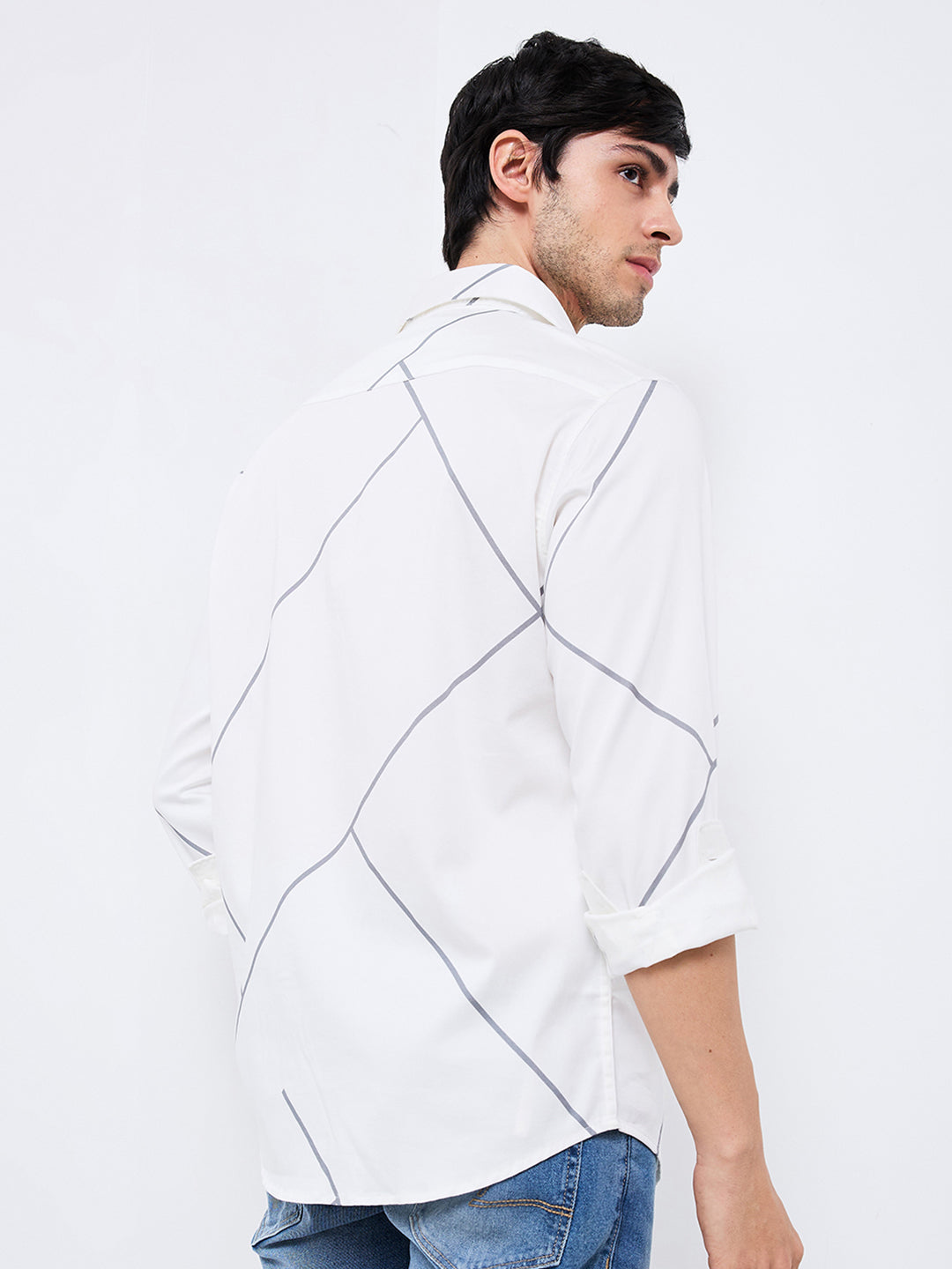 Spykar White Slim Fit Printed Full Sleeve Shirt For Men
