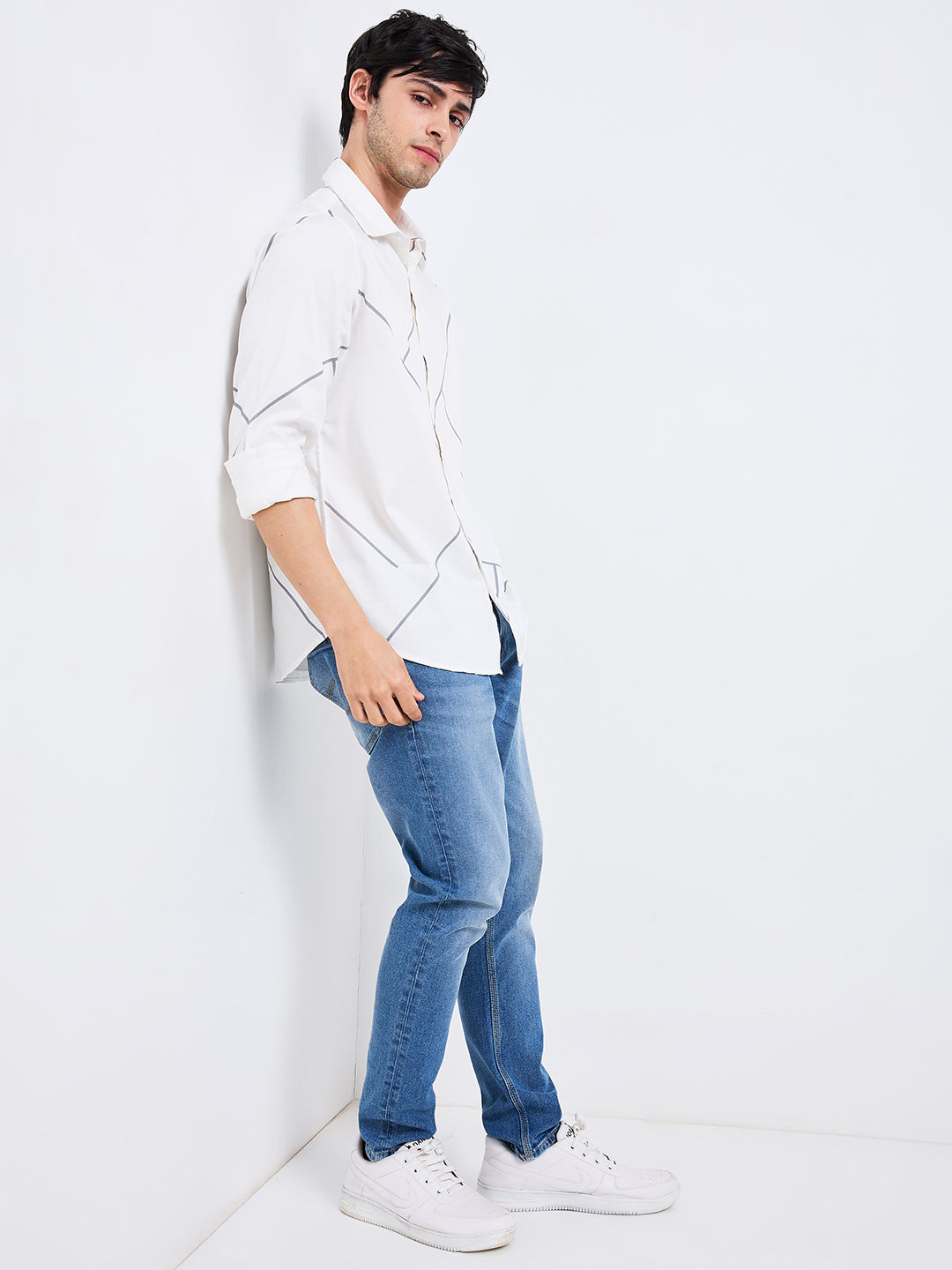 Spykar White Slim Fit Printed Full Sleeve Shirt For Men
