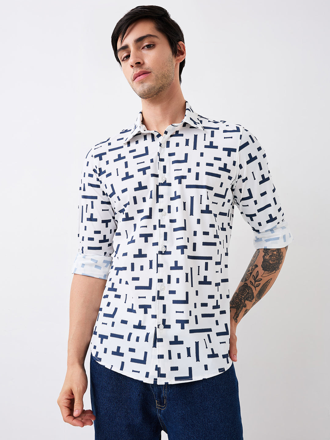 Spykar Blue Slim Fit Printed Full Sleeve Shirt For Men