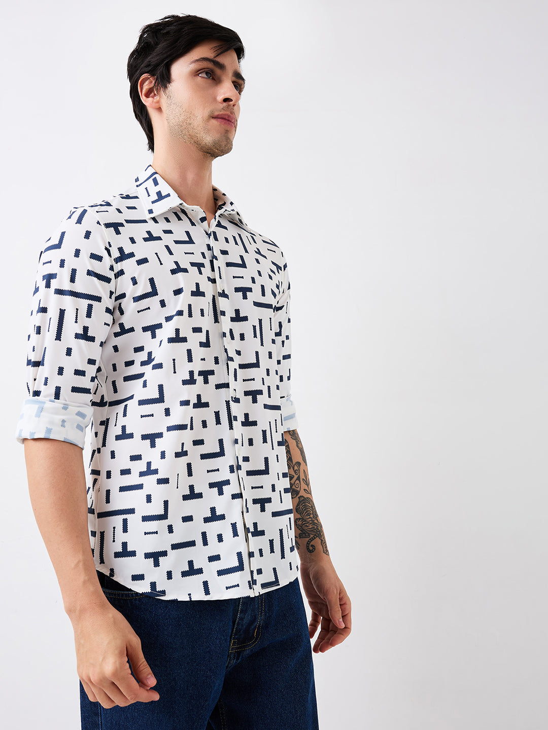 Spykar Blue Slim Fit Printed Full Sleeve Shirt For Men