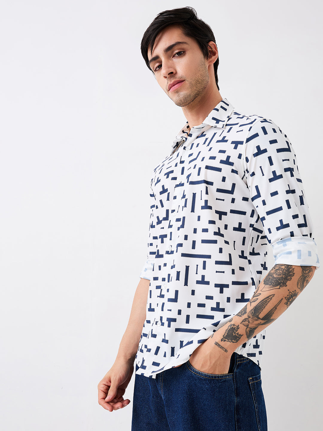 Spykar Blue Slim Fit Printed Full Sleeve Shirt For Men