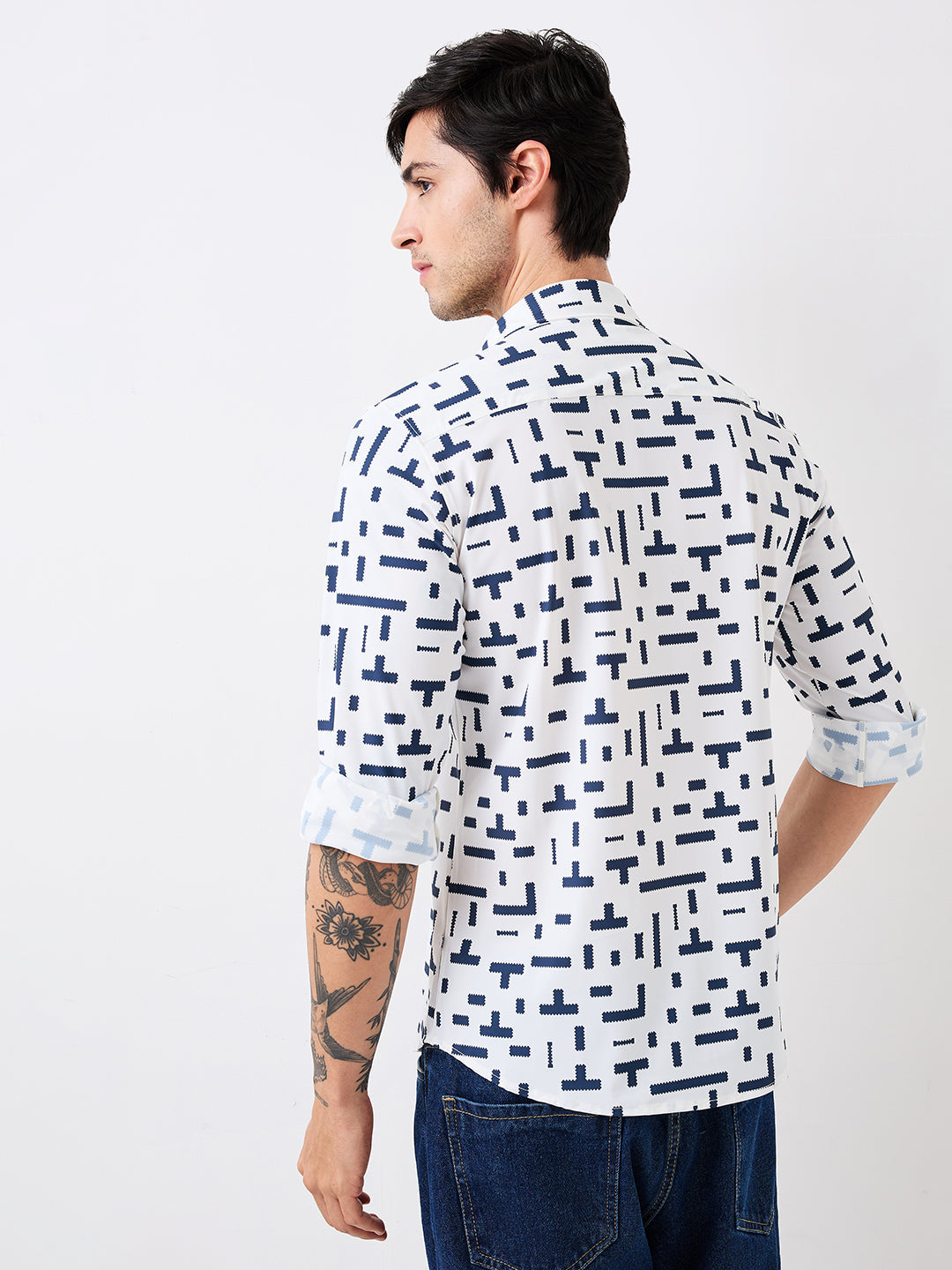Spykar Blue Slim Fit Printed Full Sleeve Shirt For Men