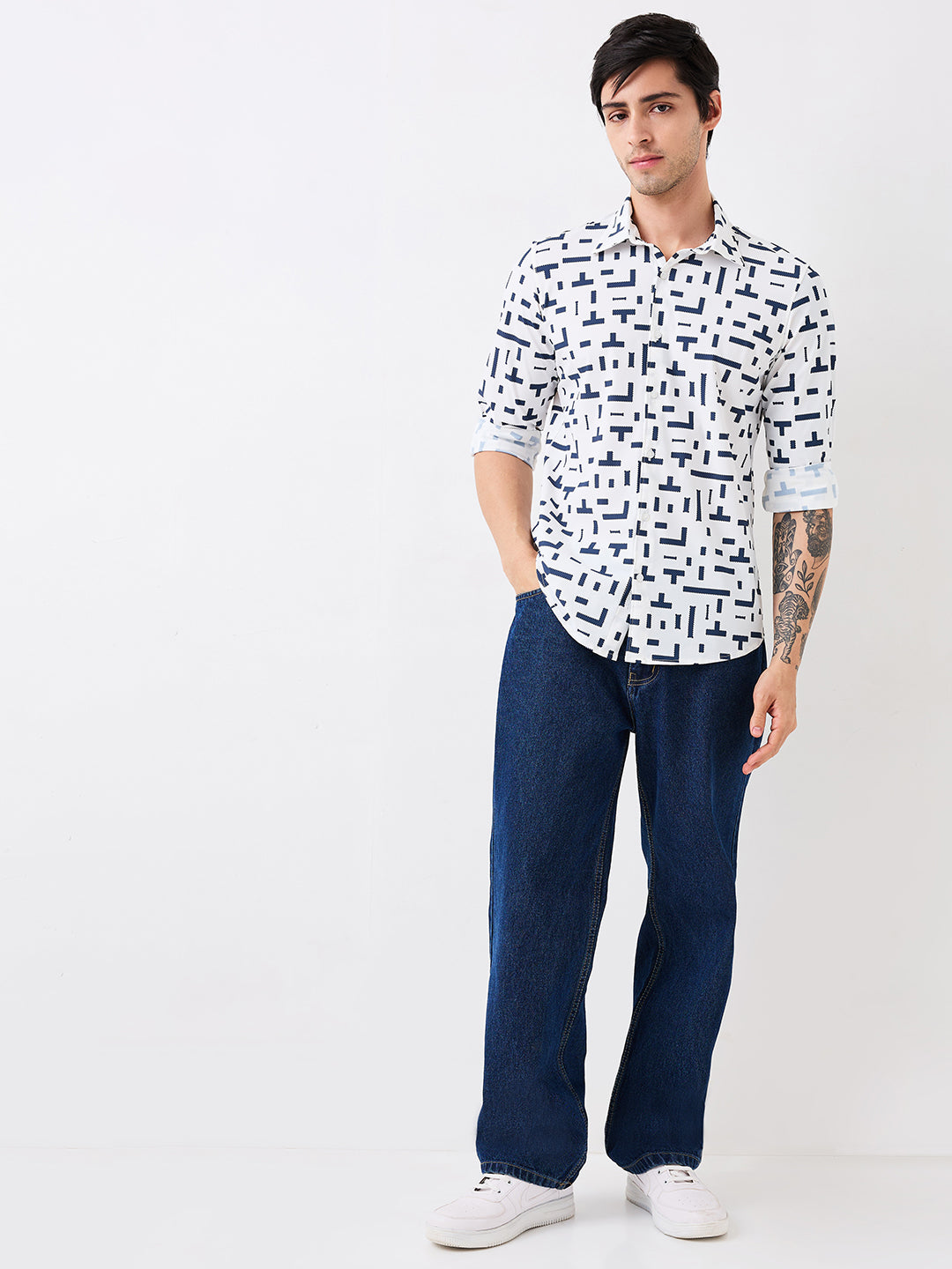 Spykar Blue Slim Fit Printed Full Sleeve Shirt For Men