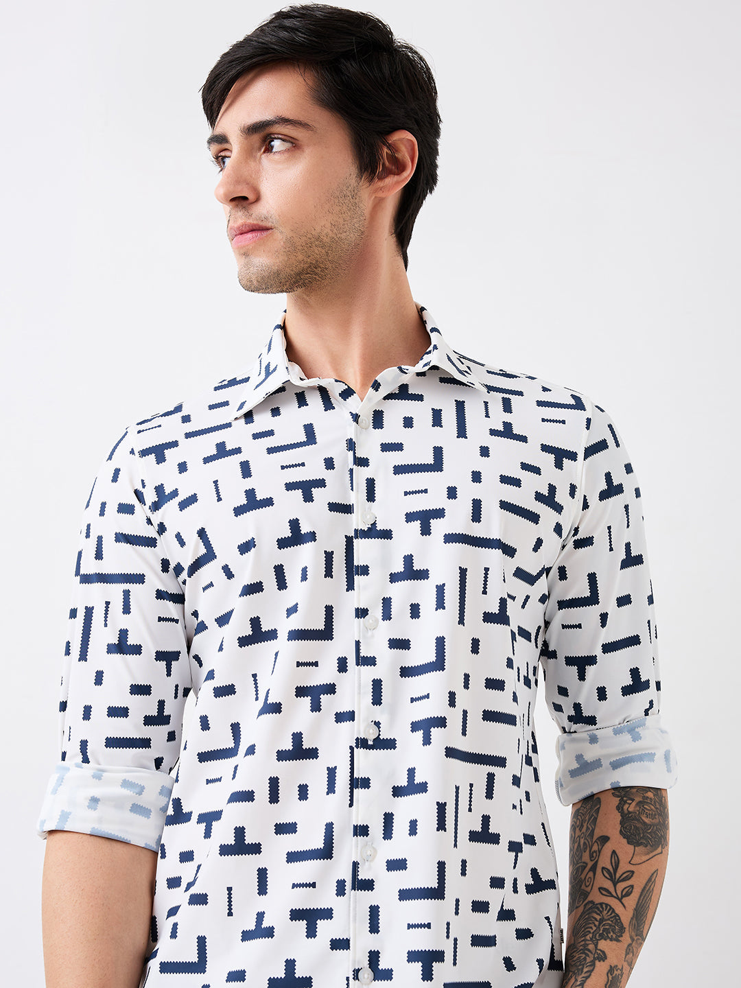 Spykar Blue Slim Fit Printed Full Sleeve Shirt For Men