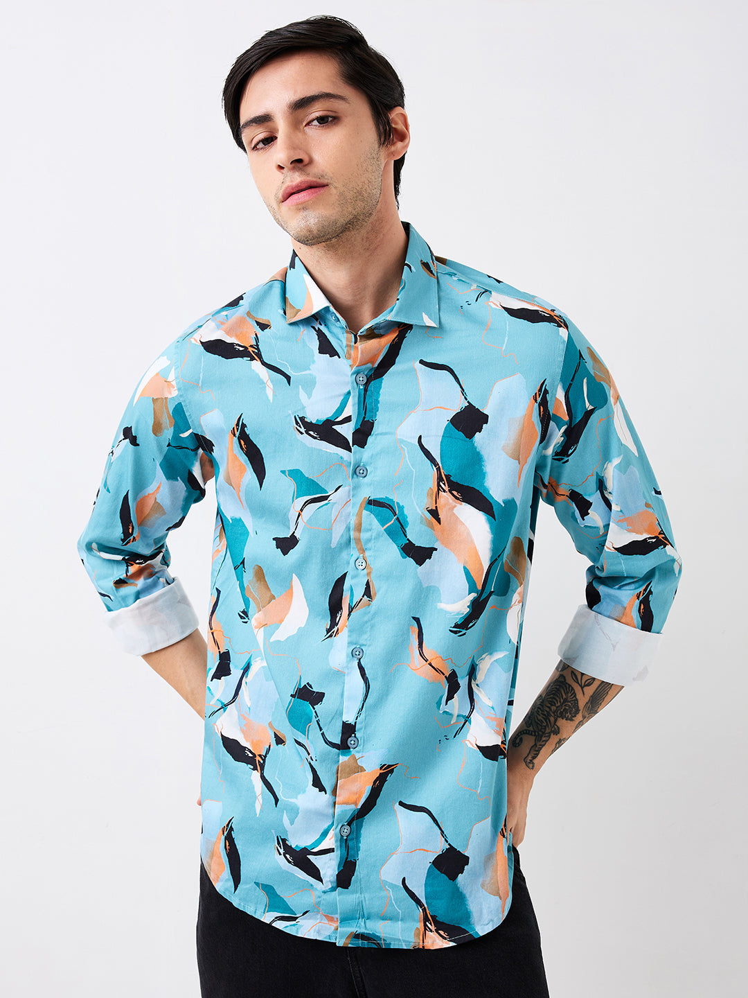 Spykar Slim Fit Blue Printed Casual Shirt For Men