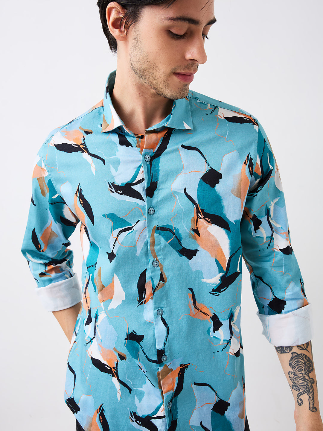 Spykar Slim Fit Blue Printed Casual Shirt For Men