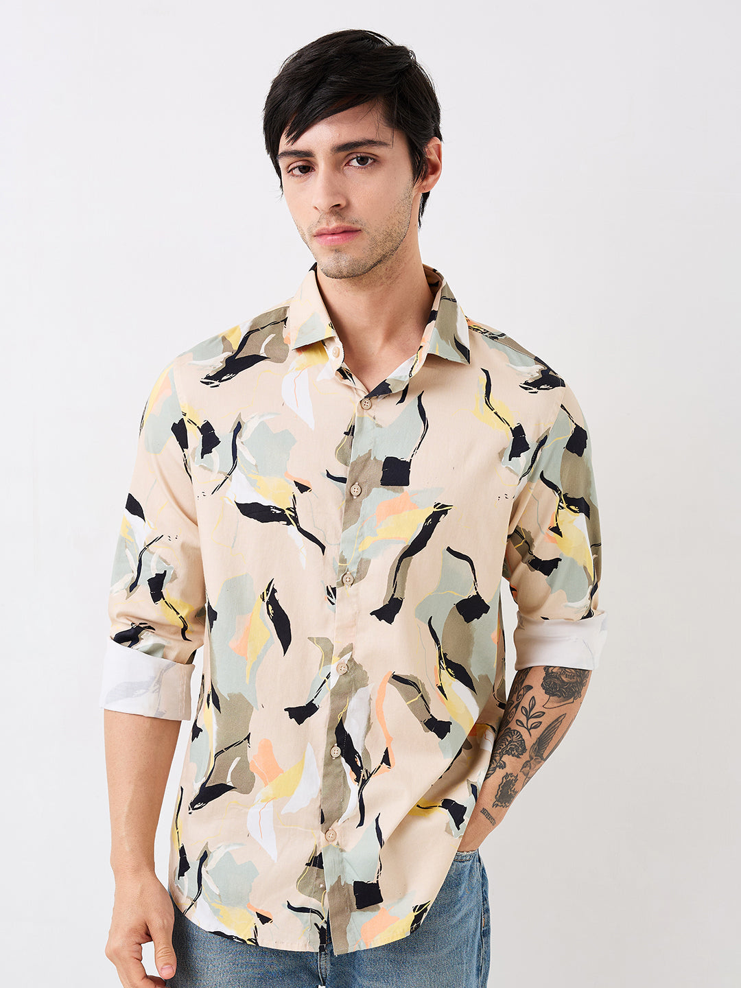 Spykar Beige Slim Fit Printed Full Sleeve Shirt For Men