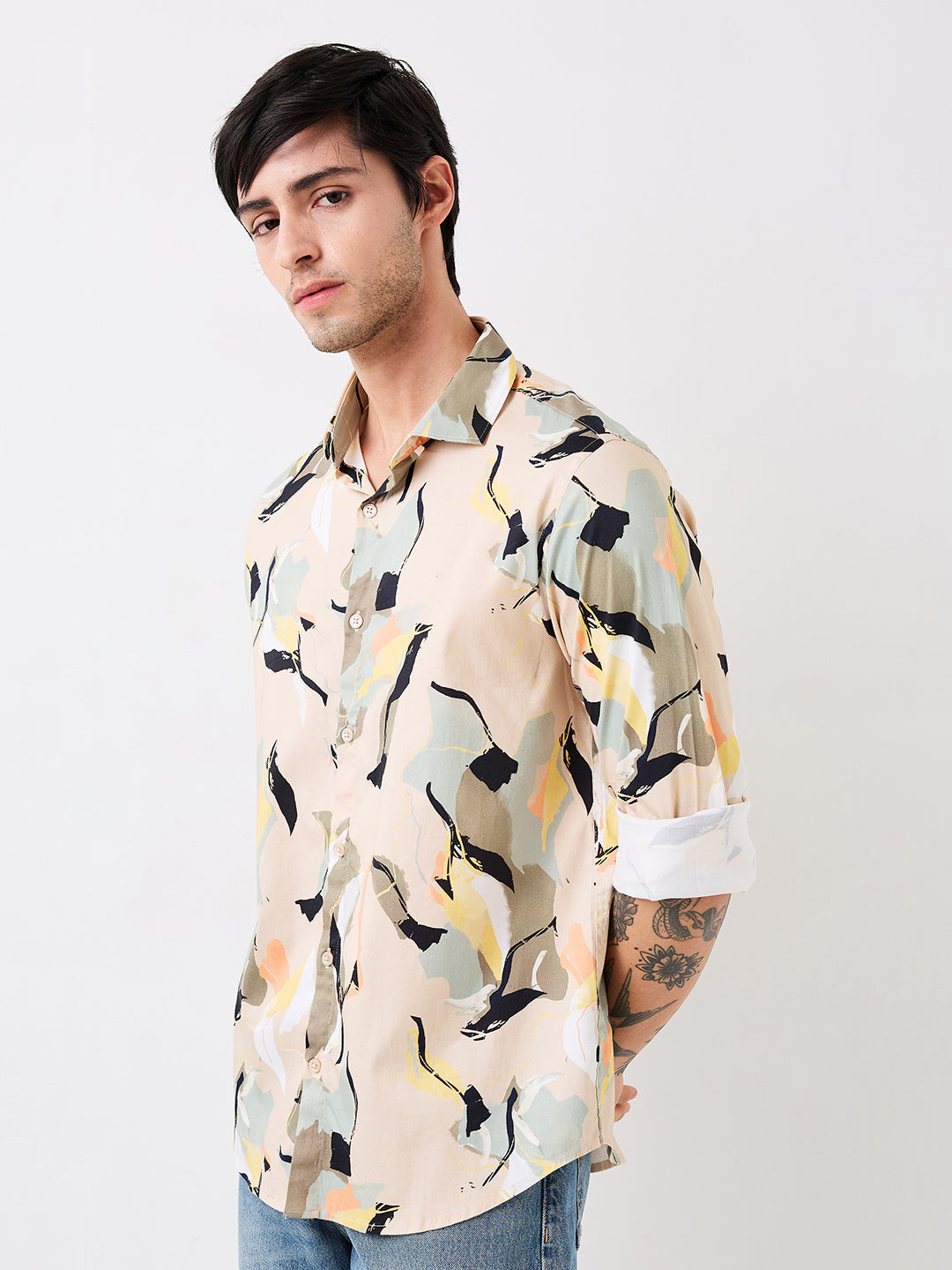 Spykar Beige Slim Fit Printed Full Sleeve Shirt For Men