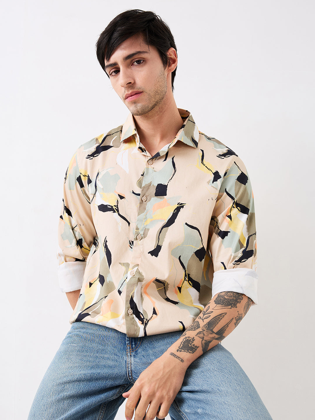 Spykar Beige Slim Fit Printed Full Sleeve Shirt For Men