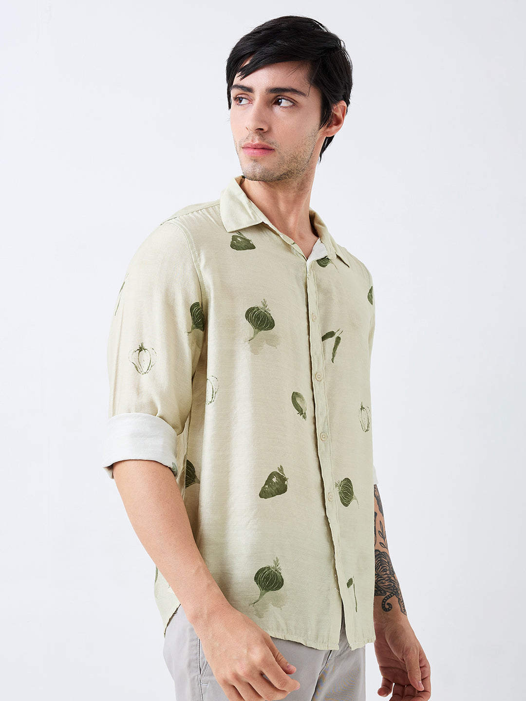 Spykar Green Slim Fit Printed Full Sleeve Shirt For Men