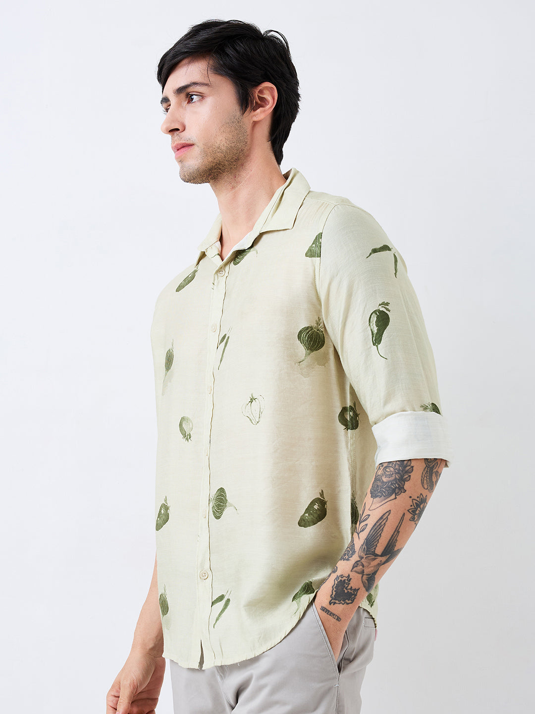 Spykar Green Slim Fit Printed Full Sleeve Shirt For Men