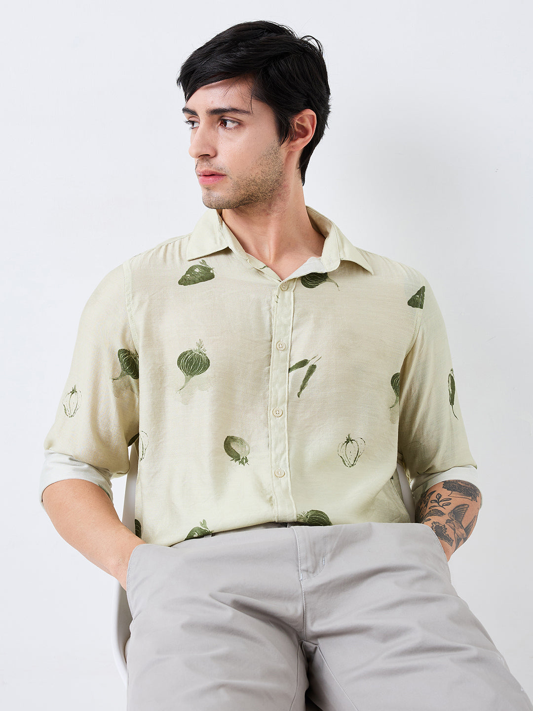 Spykar Green Slim Fit Printed Full Sleeve Shirt For Men