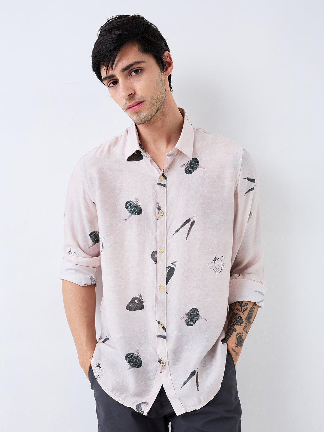 Men Shirt Print Off-White Slim Fit