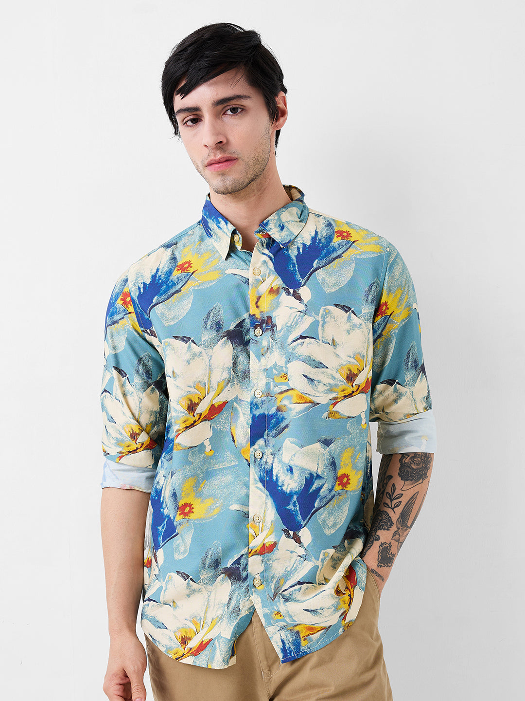 Spykar Blue Slim Fit Printed Full Sleeve Shirt For Men