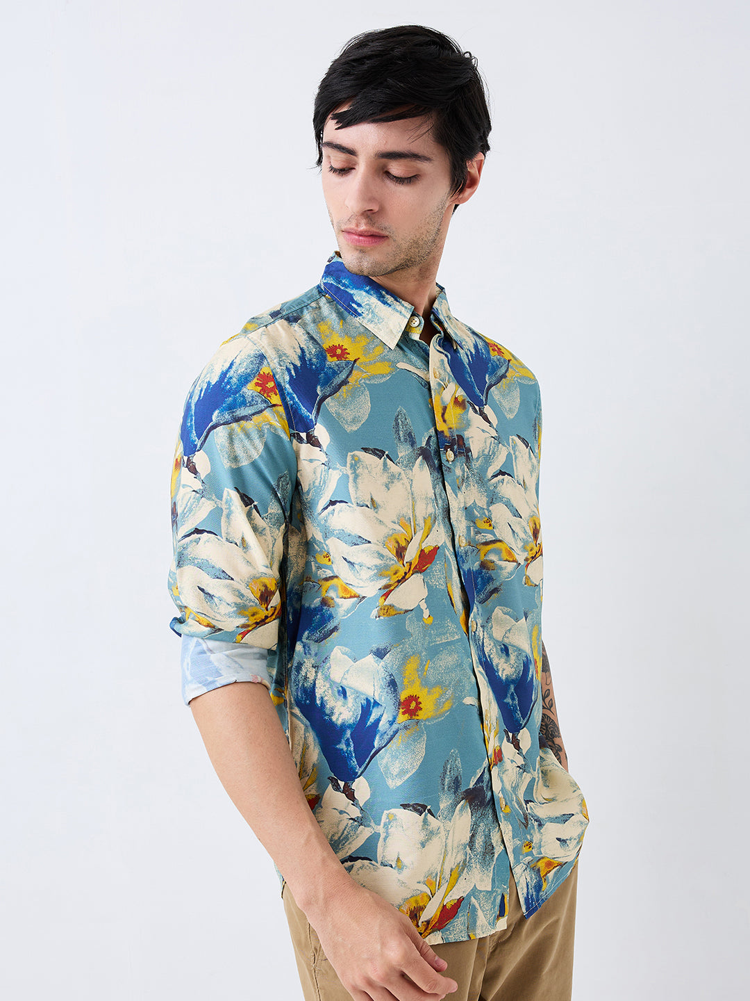Men Shirt Print Blue Slim Fit