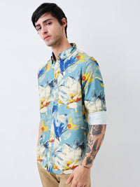 Men Shirt Print Blue Slim Fit