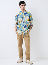 Men Shirt Print Blue Slim Fit