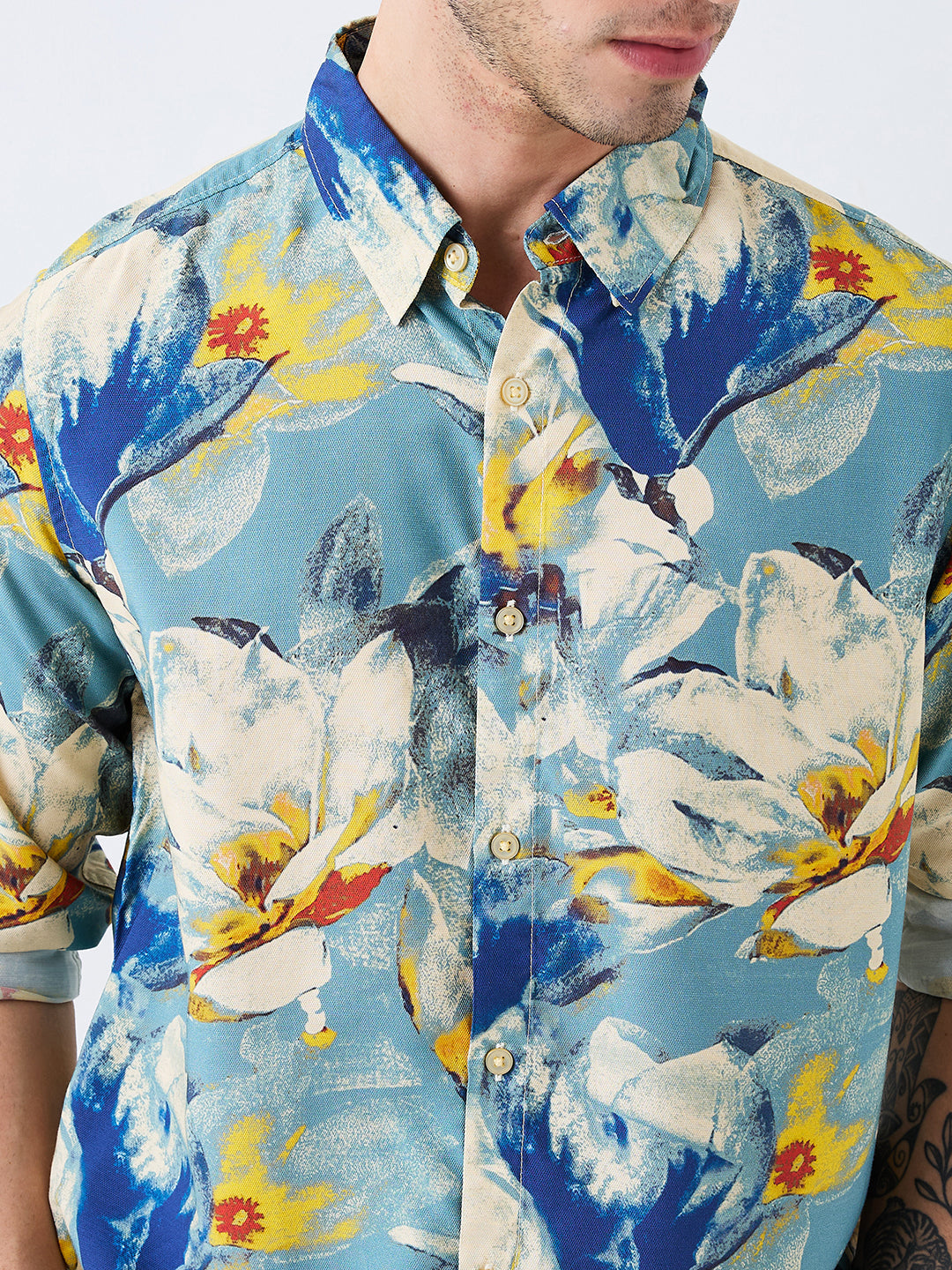 Men Shirt Print Blue Slim Fit