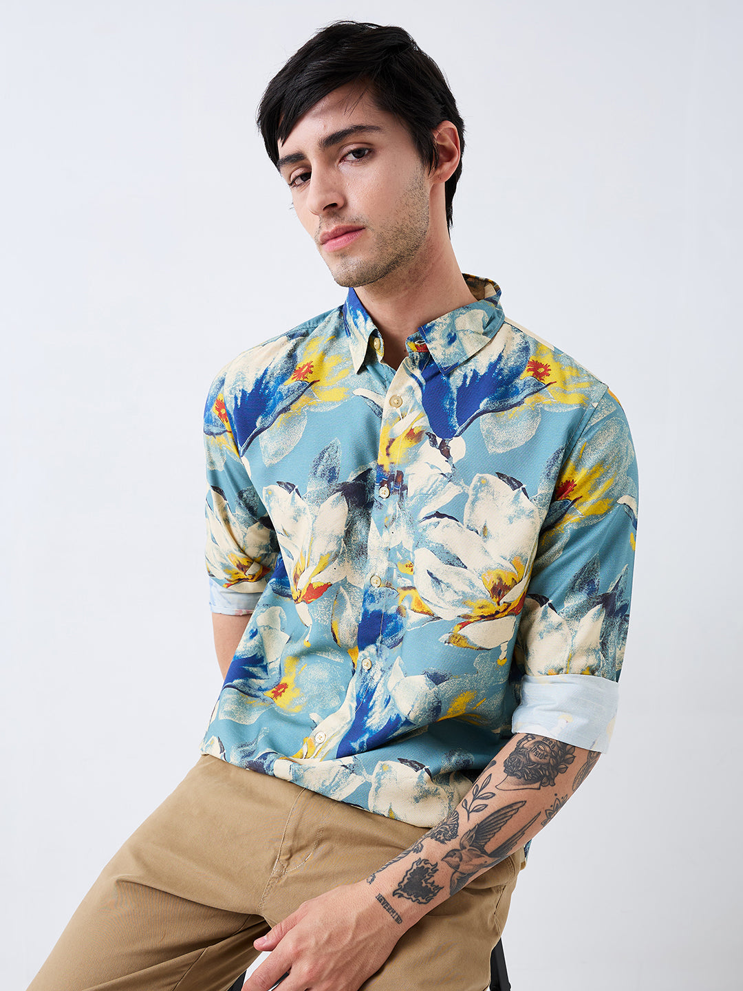 Spykar Blue Slim Fit Printed Full Sleeve Shirt For Men