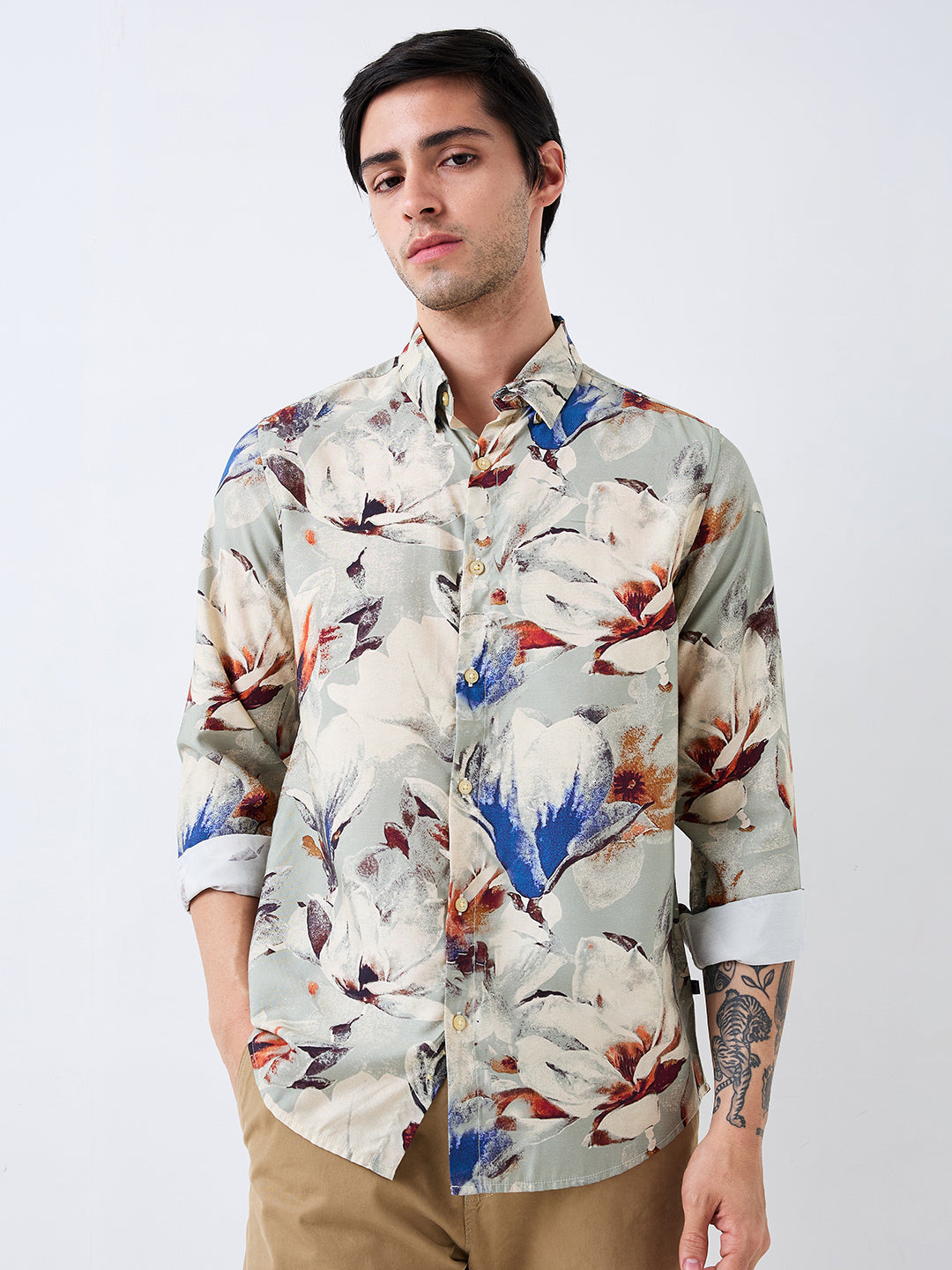 Spykar Grey Slim Fit Printed Full Sleeve Shirt For Men