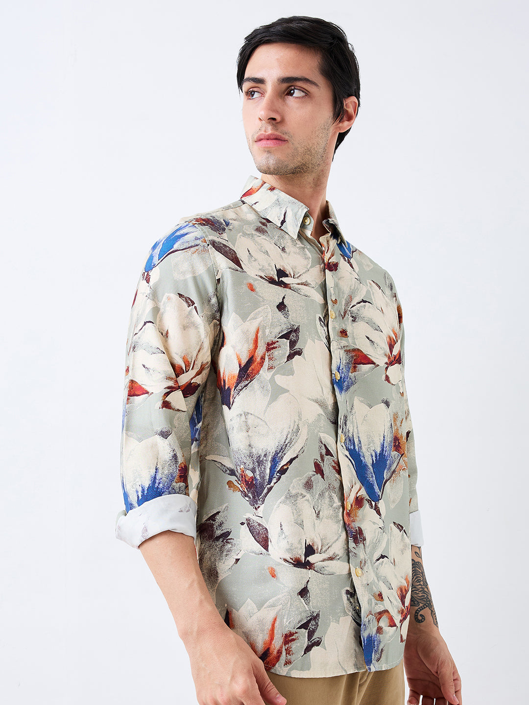Men Shirt Print Grey Slim Fit