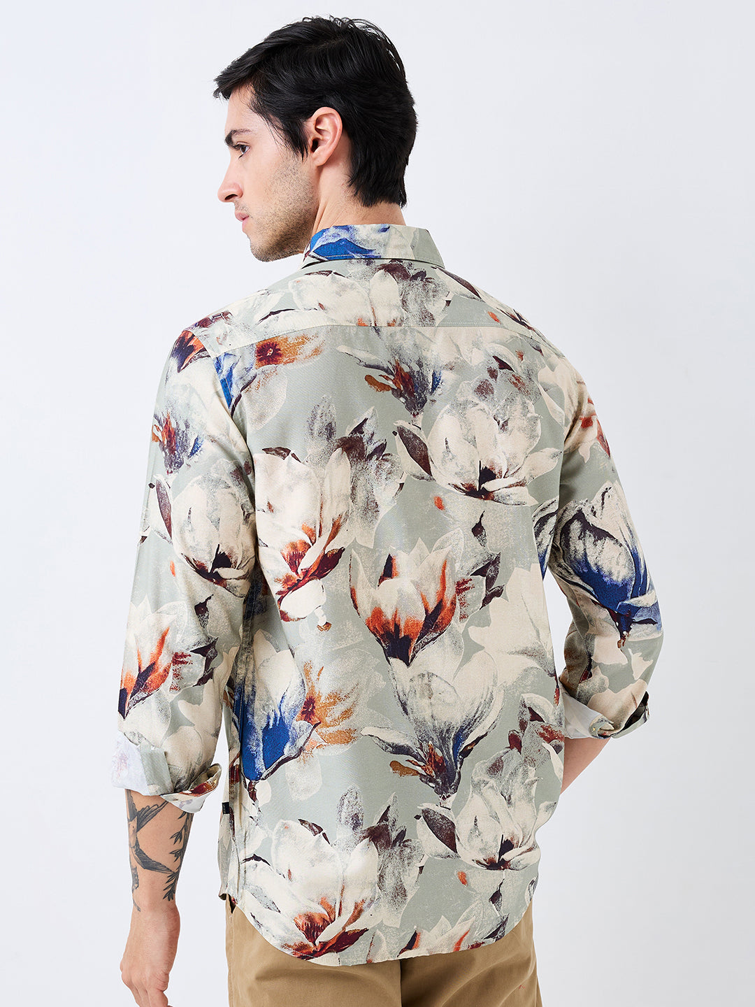 Men Shirt Print Grey Slim Fit
