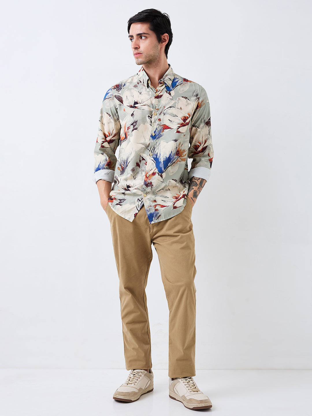 Spykar Grey Slim Fit Printed Full Sleeve Shirt For Men