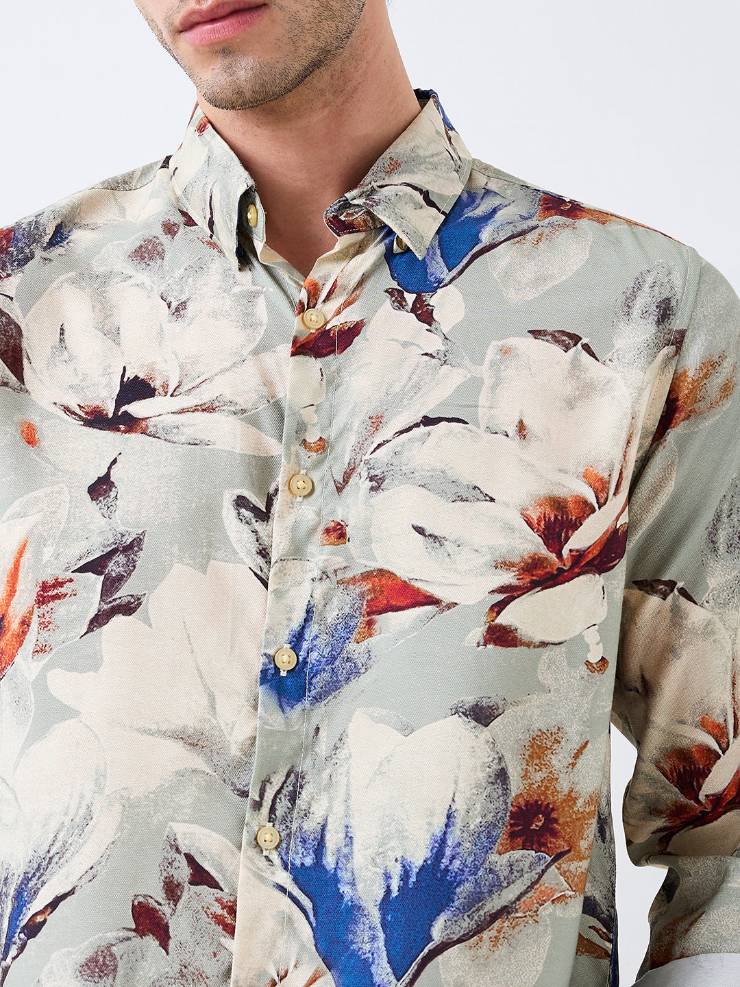Men Shirt Print Grey Slim Fit