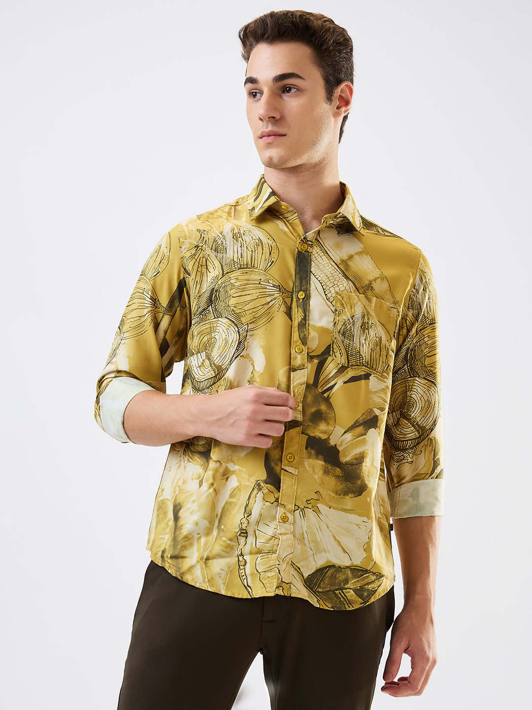 Spykar Yellow Slim Fit Printed Full Sleeve Shirt For Men