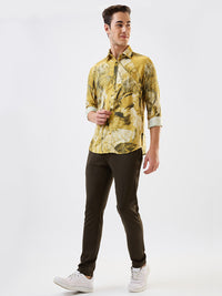 Men Shirt Print Yellow Slim Fit