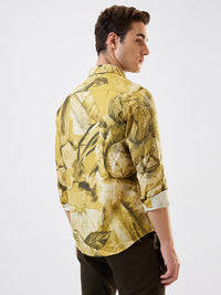 Men Shirt Print Yellow Slim Fit